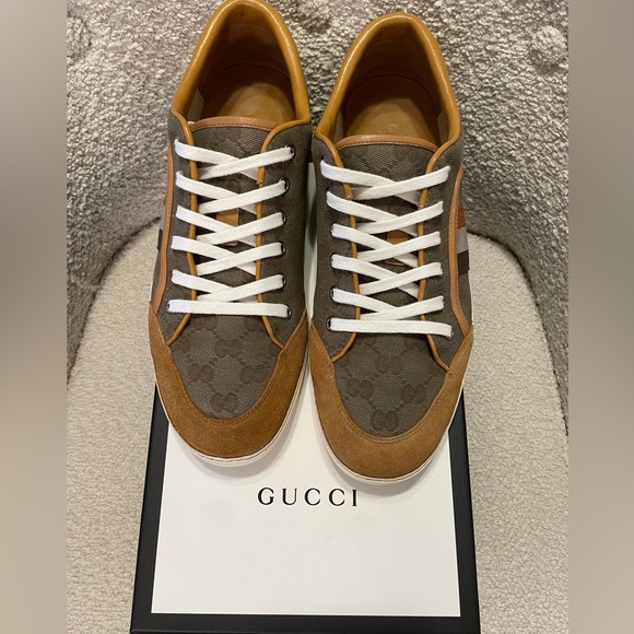Mens Authentic GUCCI Suede and Canvas Monogram Sneakers - Size 8 - Picture 1 of 15